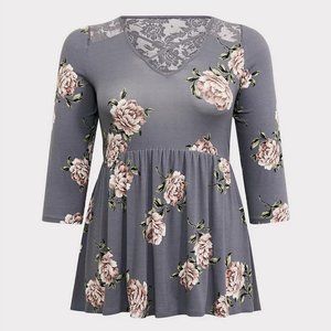 Torrid Super Soft Grey Floral Crisscross Babydoll Top
